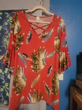 Lily Red Feather Print Crisscross V-Neck Tunic